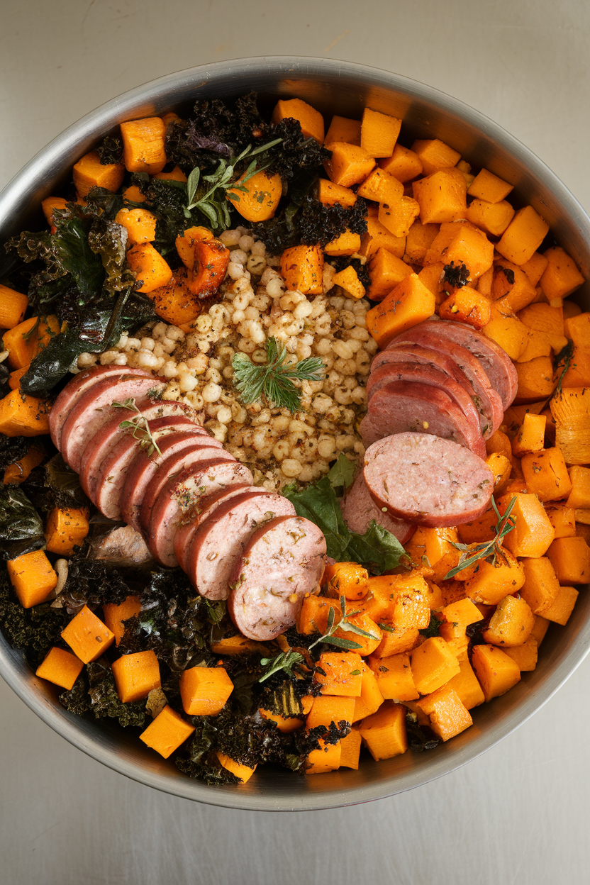 Indoor photo of sliced cooked turkey sausage mixed with pearl barley, massaged kale, and roasted butternut squash cubes in a large serving bowl. Overhead lighting, no text or logos.