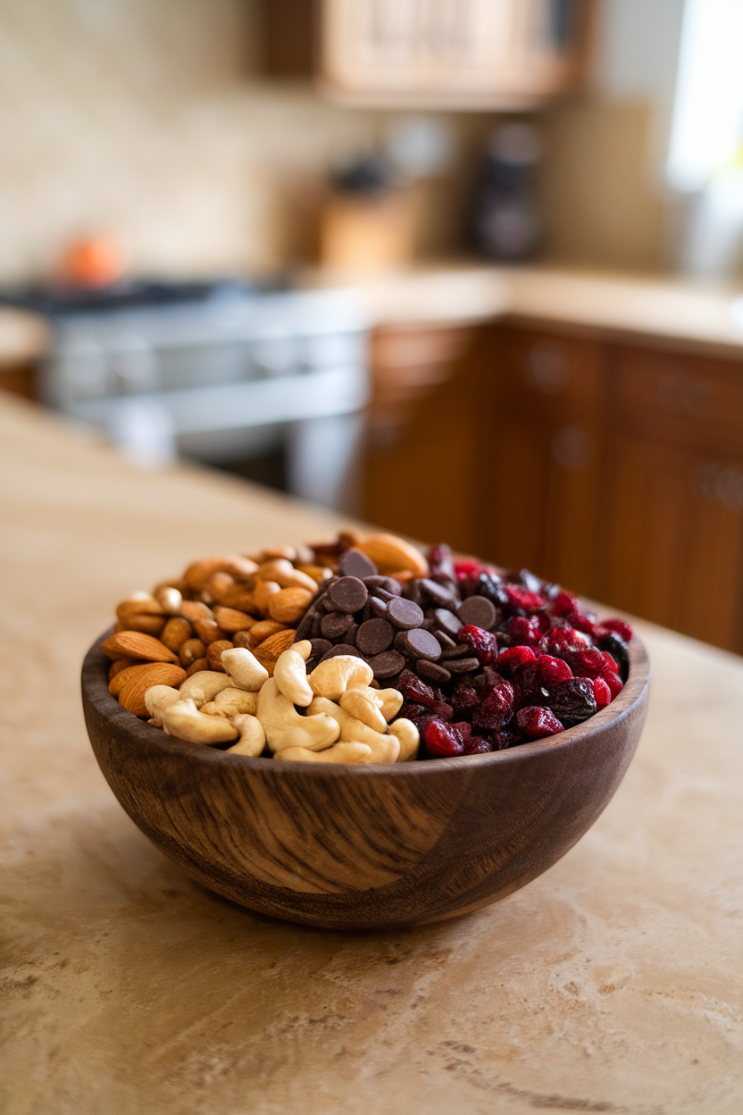 A wooden bowl filled with nuts, dried fruit, and dark chocolate chips on a countertop, indoor photo, no text or logos