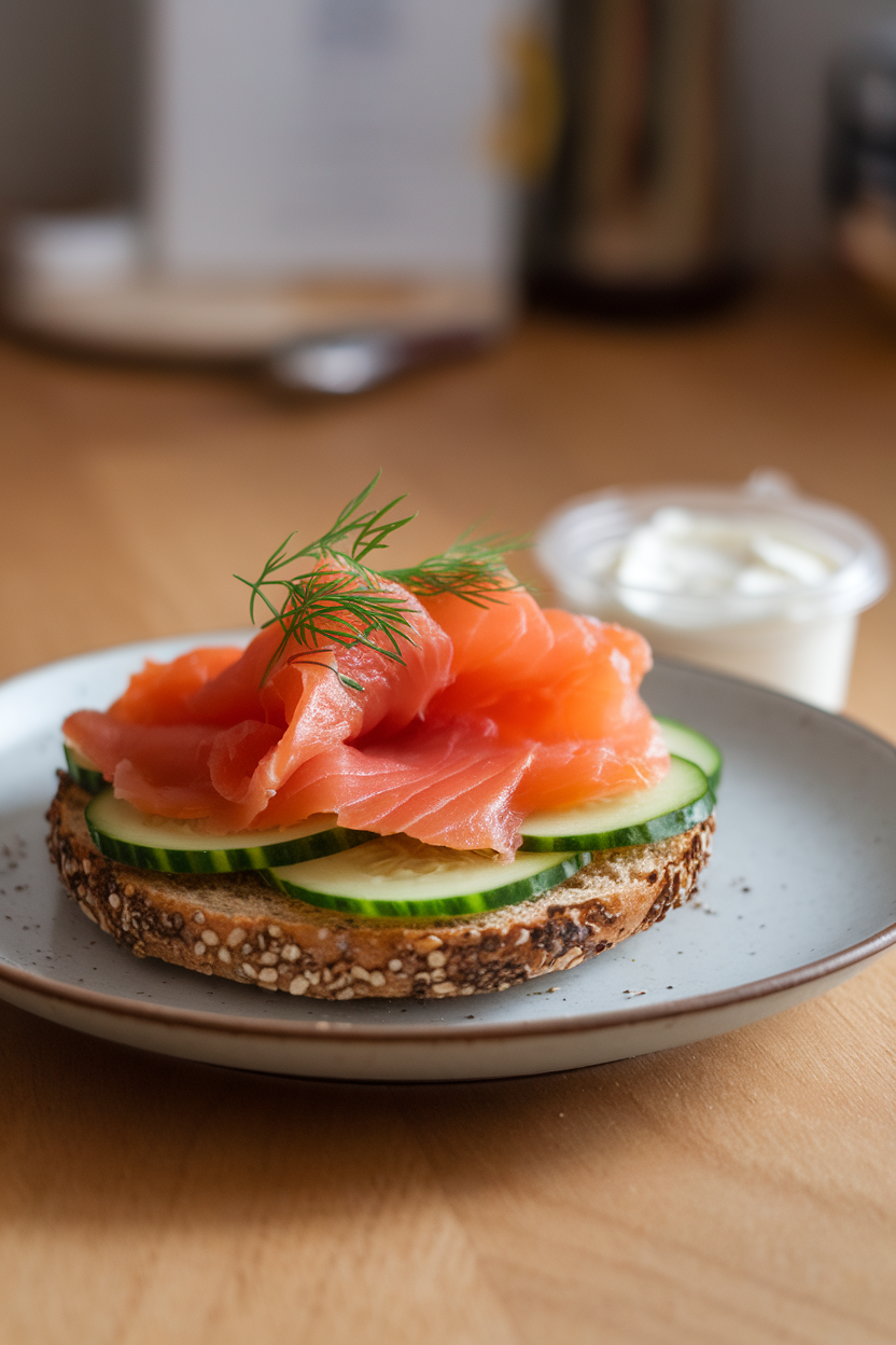 An indoor breakfast plate holding a whole-grain bagel thin topped with cooked smoked salmon, cucumber ribbons, and dill. Photo, no text or logos.