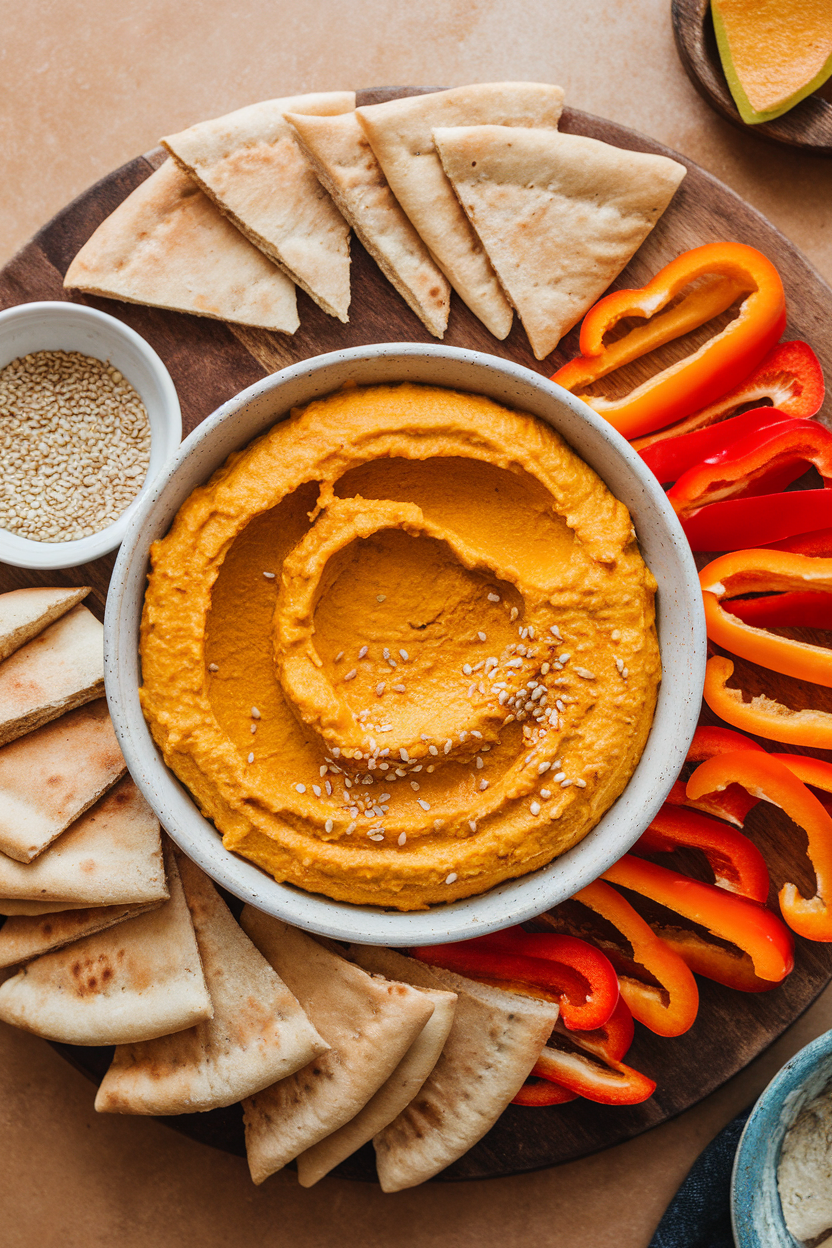An indoor snack board with a bowl of orange pumpkin hummus surrounded by pita triangles and sliced bell peppers. This should be a photo, not an illustration. No text or logos anywhere in the scene.