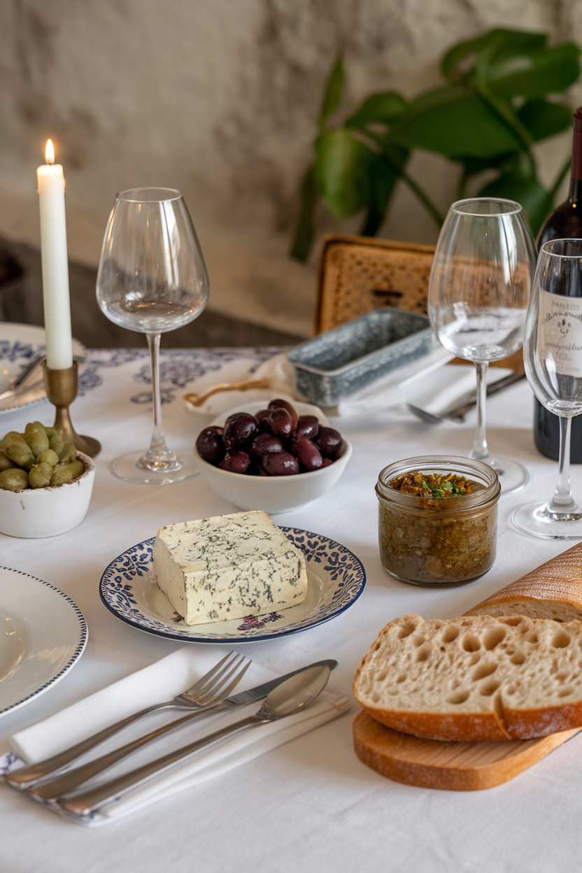 Indoor French-style table featuring herbes-de-Provence goat cheese, niçoise olives, tapenade, and sliced baguette; no text or logos visible.