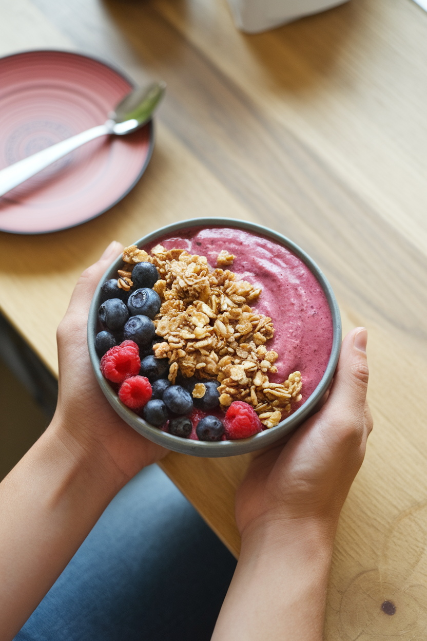 Indoor photo of a person holding a vibrant berry and spinach smoothie bowl topped with granola, no text or logos. Photo.