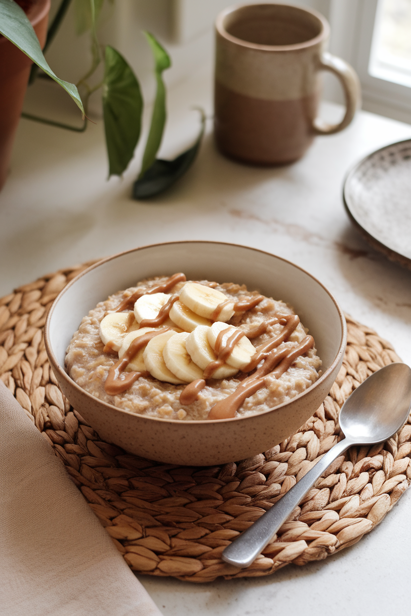Indoor photo of a bowl of oatmeal topped with sliced banana and a drizzle of almond butter on a kitchen table; no text or logos.