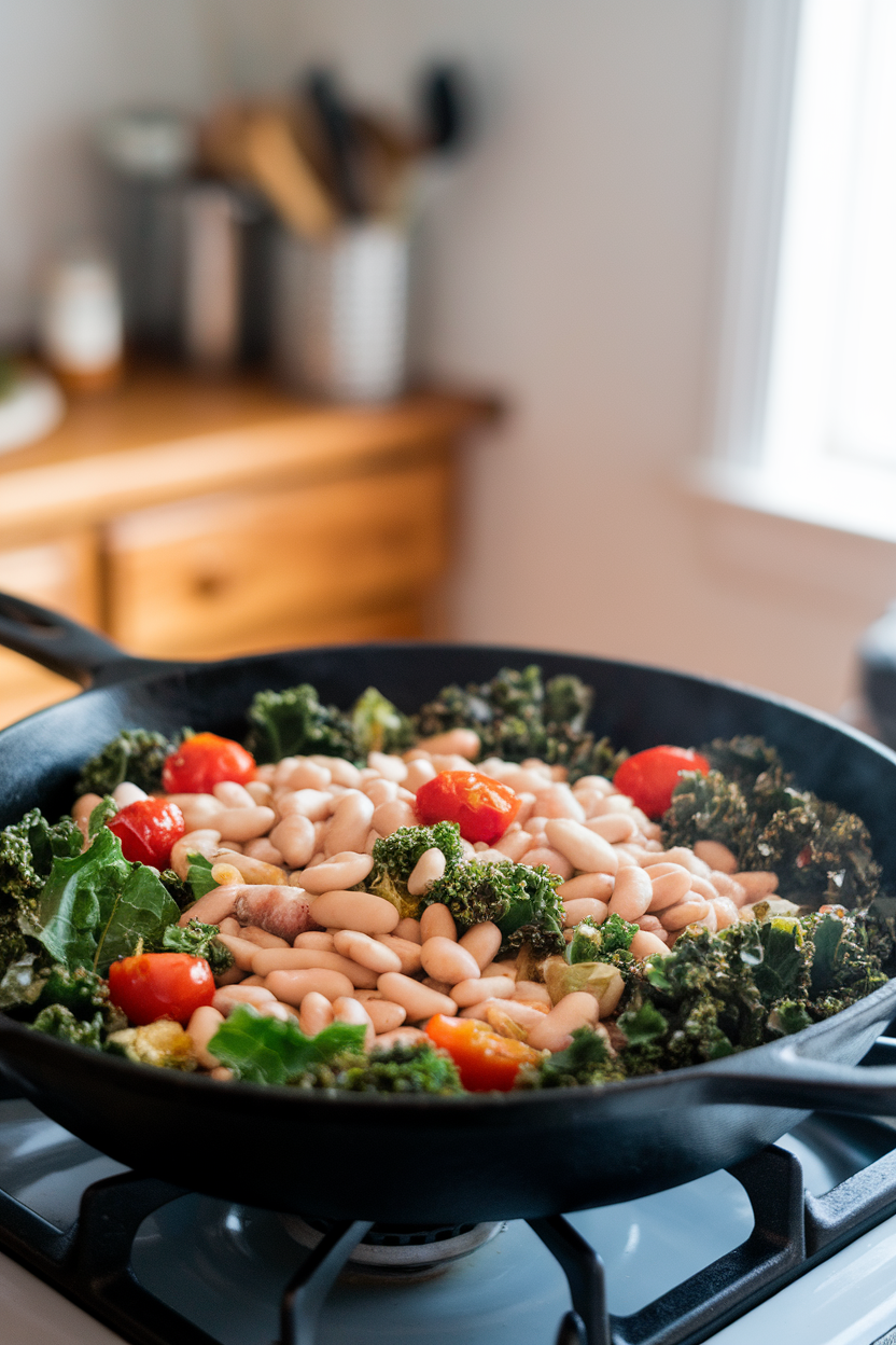Indoor stove shot of a cast-iron skillet filled with white beans, wilted kale, cherry tomatoes, and garlic, all shimmering in light olive oil. No text or logos anywhere.
