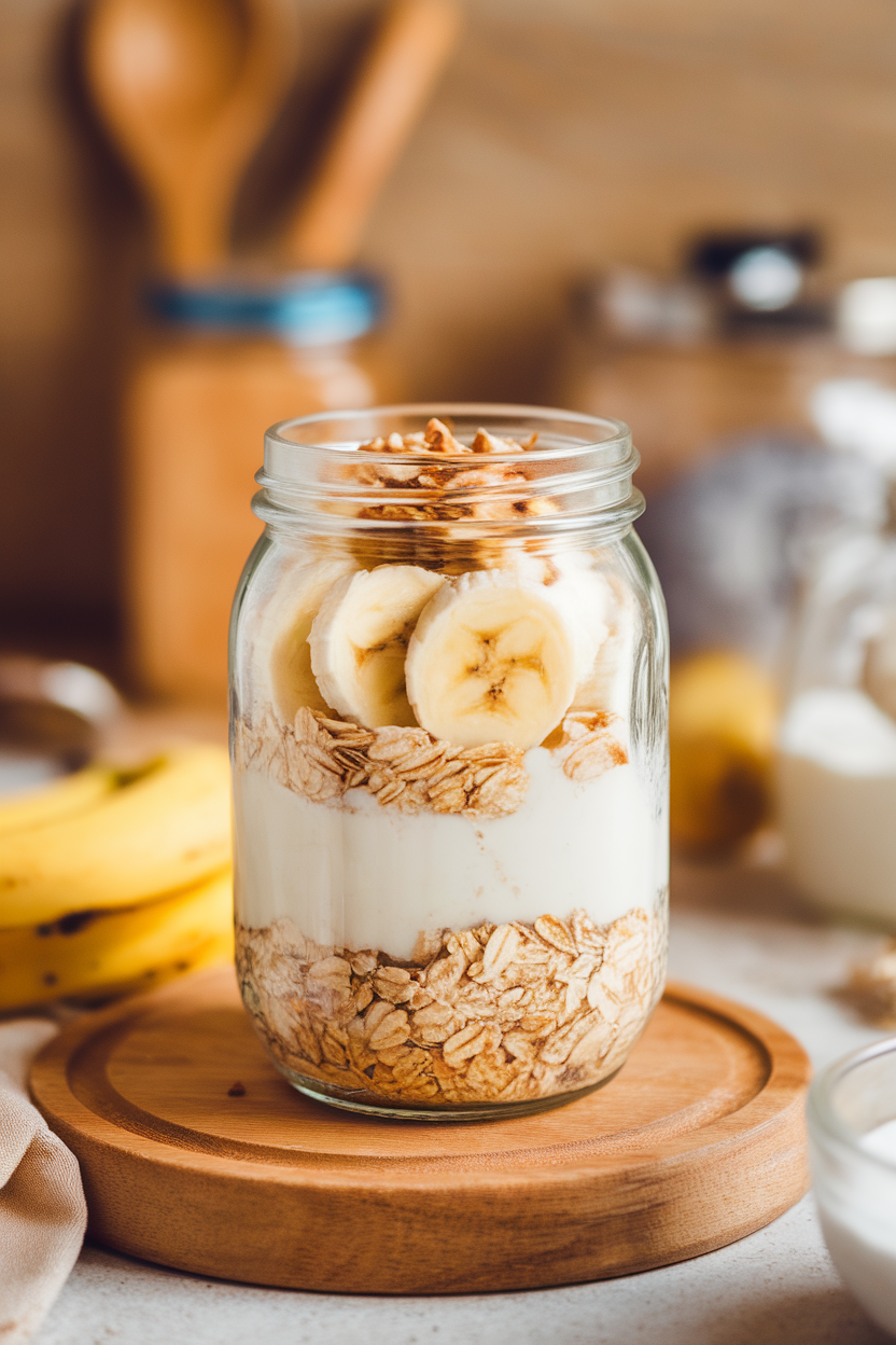 An indoor kitchen counter scene showing a glass jar layered with oats, almond milk, sliced bananas, and a sprinkle of chopped almonds on top, photographed from a slight overhead angle. No text or logos anywhere in view.