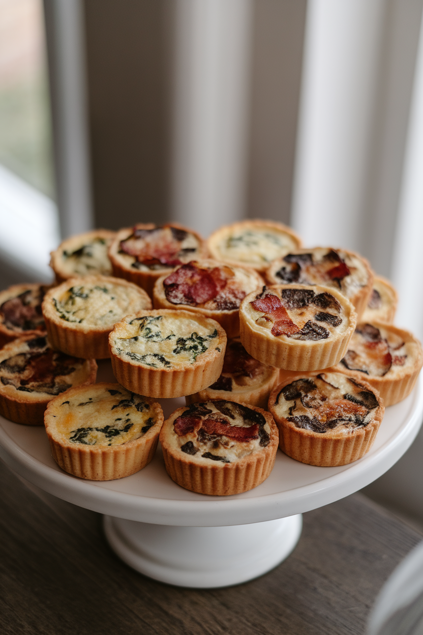 Photo of an indoor cake stand holding assorted mini quiches—spinach, bacon, and mushroom varieties—tops slightly puffed. No text or logos present.