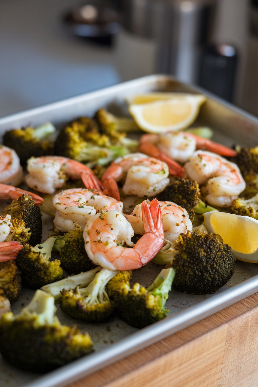 Indoor sheet pan photo showing roasted broccoli florets and seasoned cooked shrimp, lemon wedges on side; soft kitchen lighting, no text or logos.
