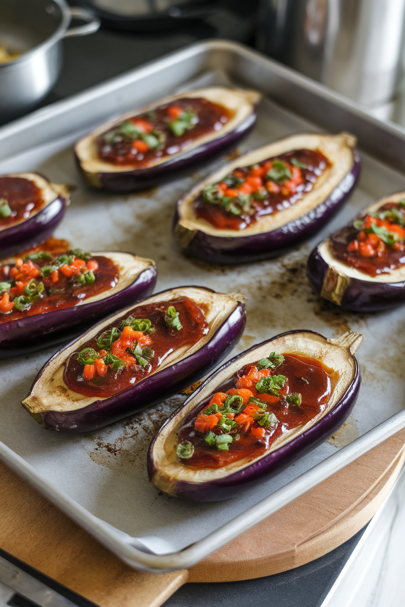 Photo of roasted eggplant halves glazed with miso ginger sauce on a baking sheet indoors, no text or logos