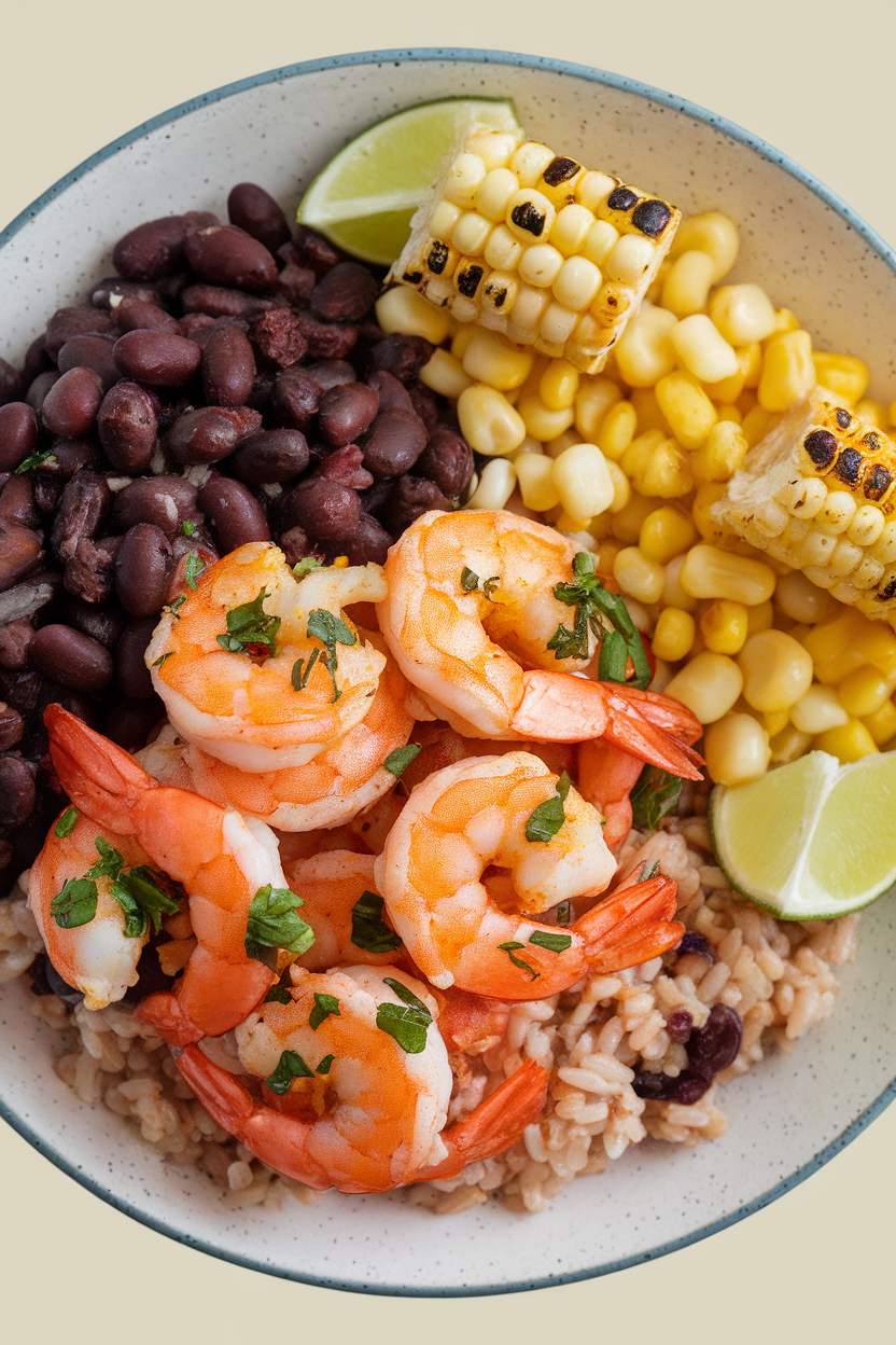Indoor photo of chili-lime shrimp, black beans mixed with brown rice, and grilled corn kernels on a plate. No text or logos.