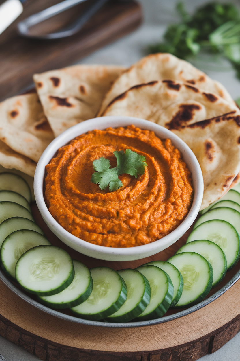 Indoor bowl of thick, orange-hued red lentil curry dip with cilantro garnish, surrounded by sliced cucumber and naan chips. No text or logos.