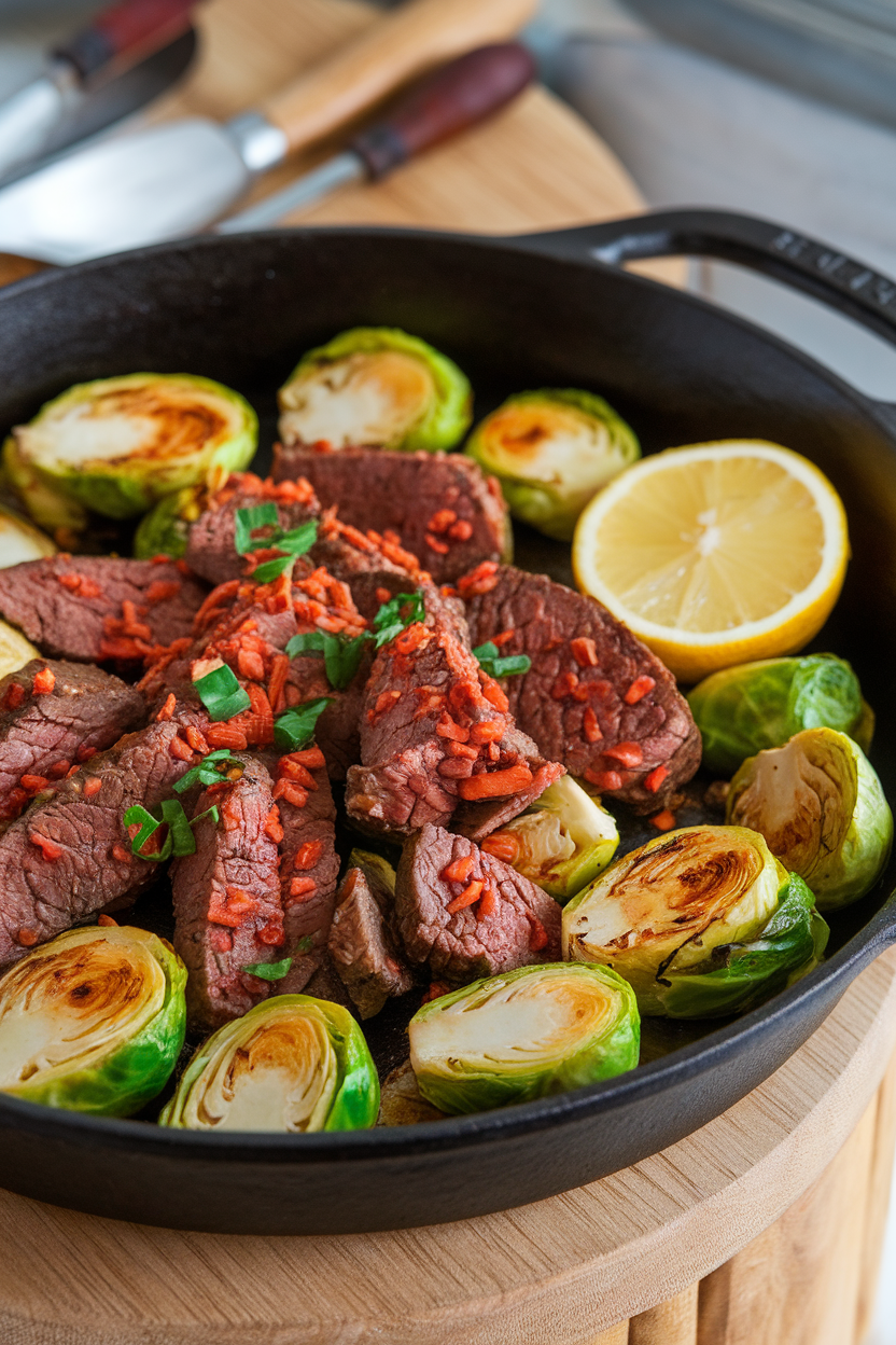 Indoor cast-iron skillet with halved roasted Brussels sprouts and paprika-spiced beef, lemon wedge on side—no text or logos.