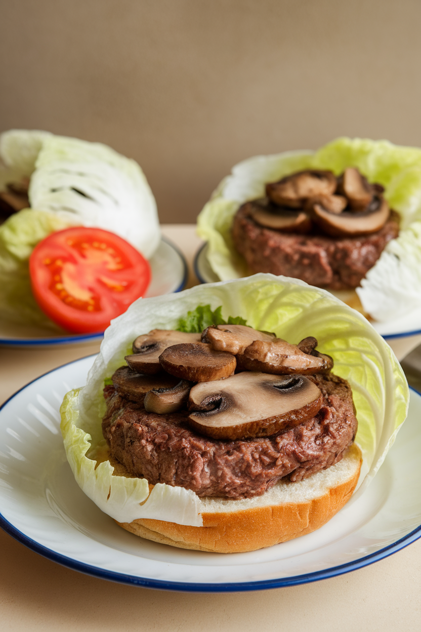 Indoor plate with burger patties made from beef and mushrooms, wrapped in iceberg leaves, tomato slice visible—no text or logos.