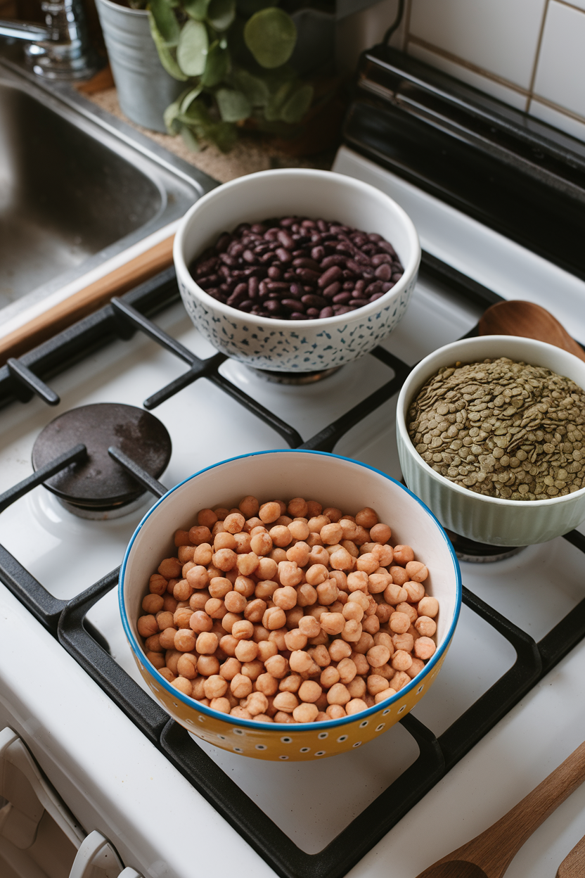 Indoor photo of three bowls containing cooked black beans, chickpeas, and lentils on a stovetop; no text or logos.