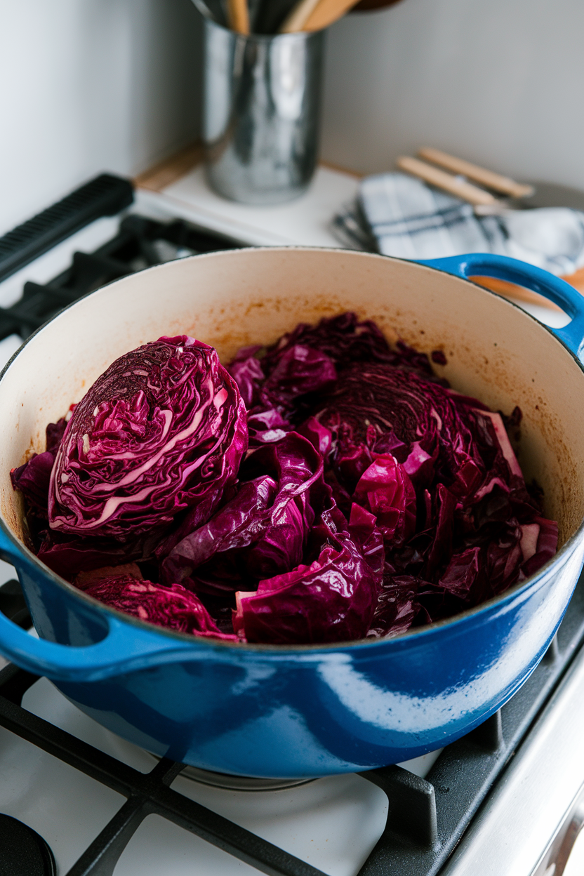 Photo of glossy braised red cabbage in a Dutch oven on a stovetop, indoor setting. No text or logos.