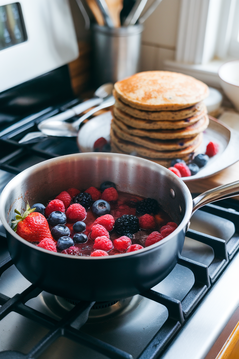 A saucepan on a stovetop simmering fresh berry compote beside a stack of whole-grain pancakes. No text or logos. Photo.