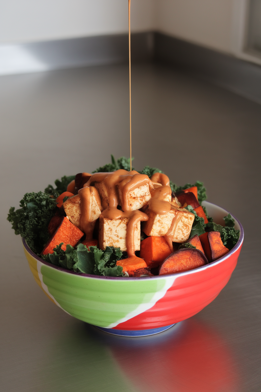 Photo of a colorful bowl featuring baked tofu cubes, roasted sweet potato, kale, and a drizzle of peanut sauce. Indoor countertop, no text or logos.</Prompt