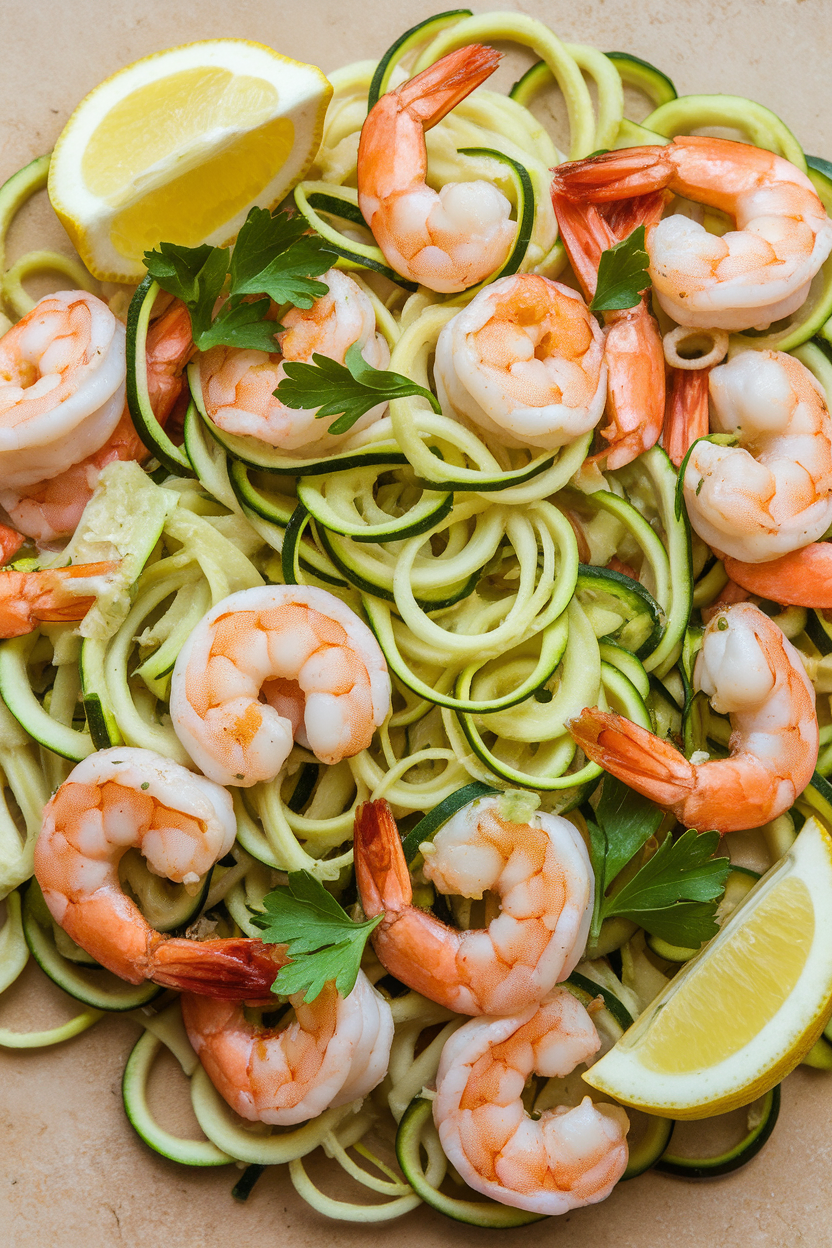 Indoor photo of sautéed shrimp and spiralized zucchini noodles twirled together, garnished with parsley and lemon wedges. No text or logos.