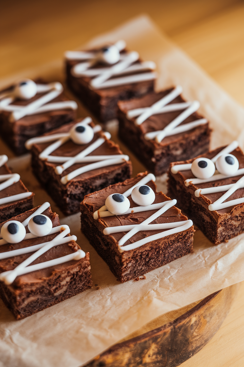 An indoor close-up of square brownies with zig-zag white frosting “bandages” and two candy eyes on each piece, sitting on parchment paper. Warm light, no text or logos.