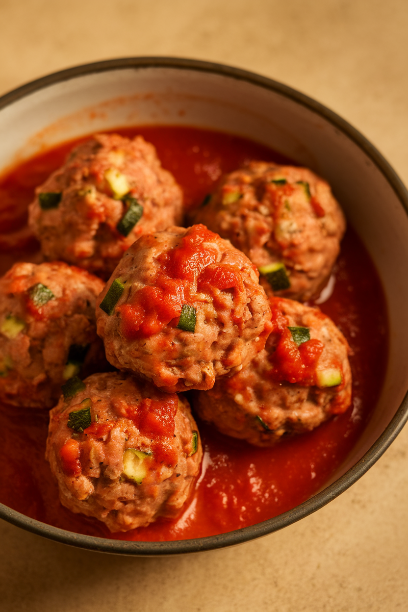 Photo of a shallow bowl of cooked turkey meatballs flecked with green zucchini, resting in bright red marinara. Indoor lighting, no text or logos.</Prompt
