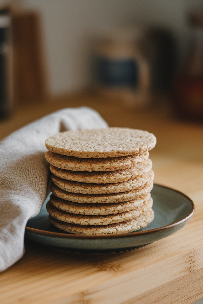 Indoor photo of a stack of plain brown rice cakes on a plate with a linen napkin; soft window light, no text or logos