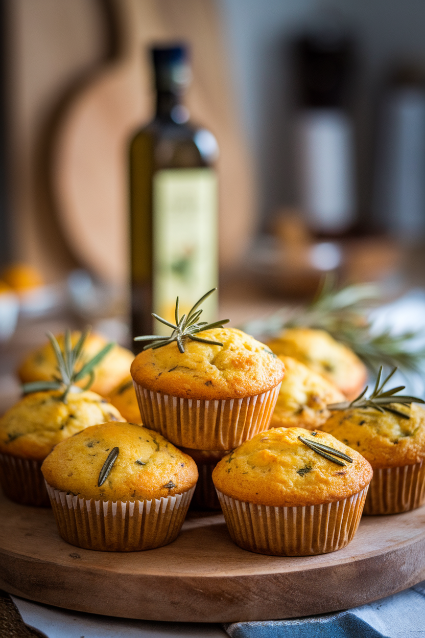 Indoor photo of golden savory muffins flecked with rosemary leaves, olive oil bottle blurred behind, no text or logos