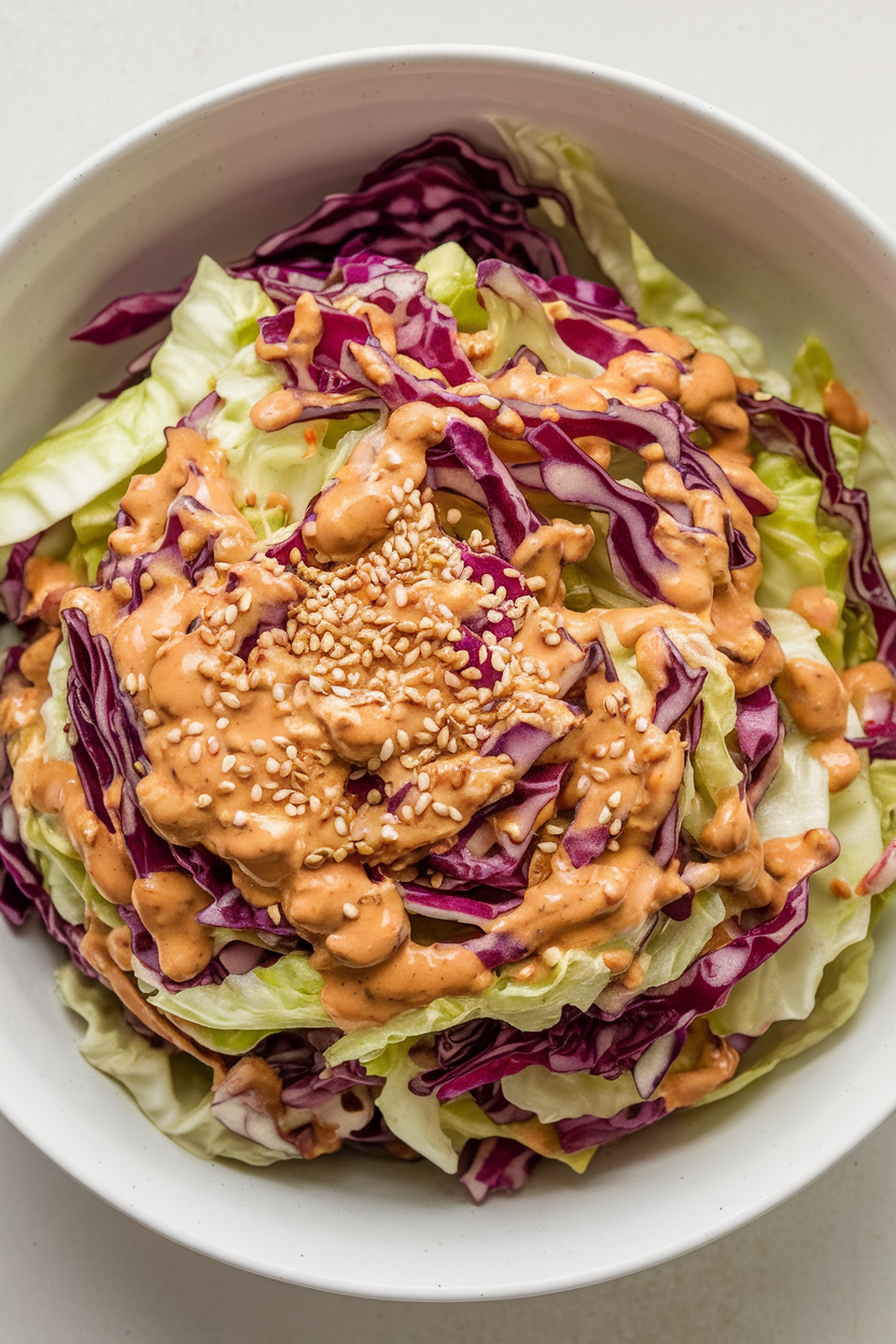 Indoor photo of a vibrant cabbage slaw tossed in creamy peanut dressing, topped with sesame seeds, in a white serving bowl; no text or logos.