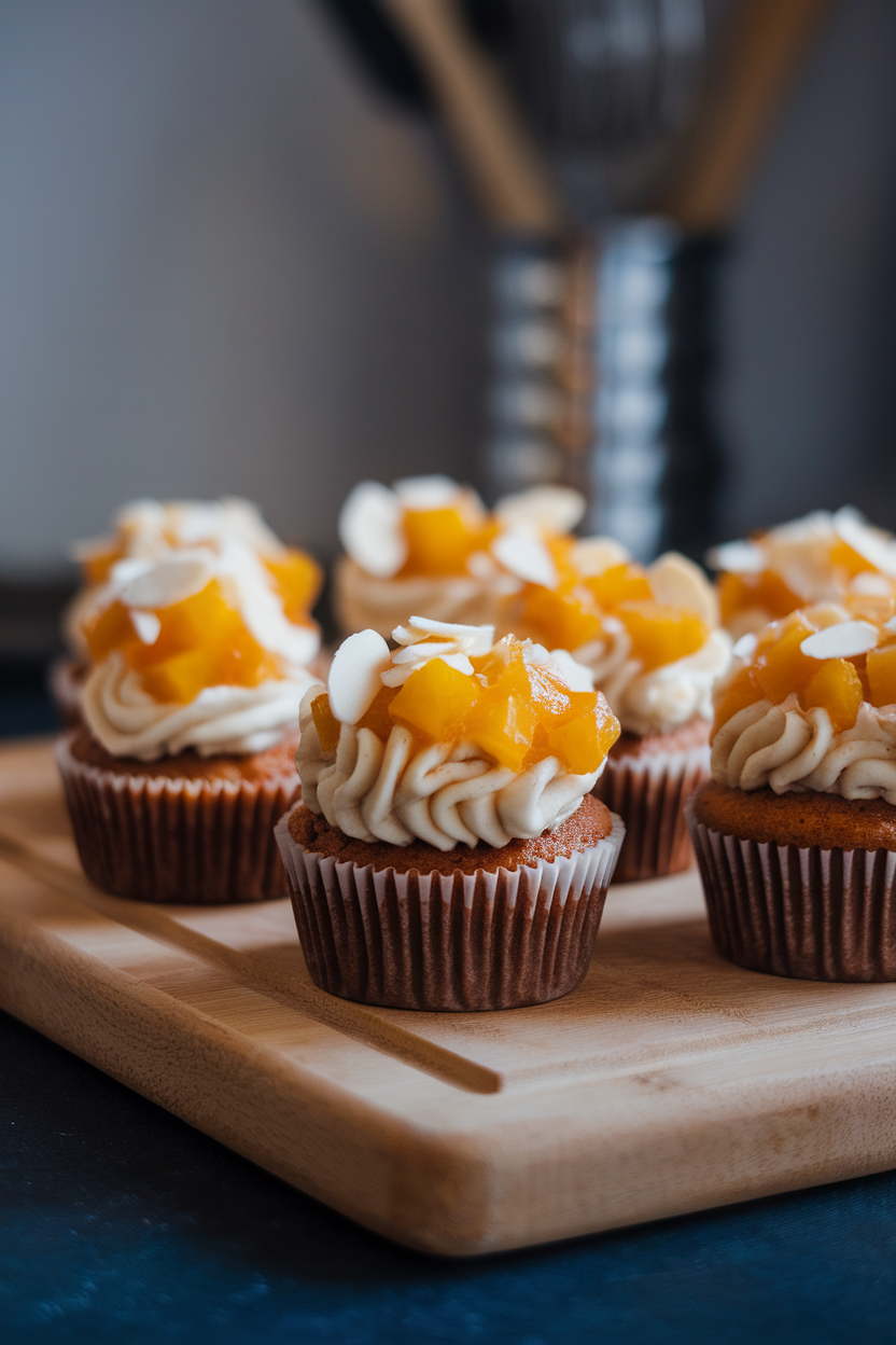 Photo of indoor cutting board showing cupcakes crowned with diced candied fruit and toasted almond shards over rum-infused frosting, no text or logos.