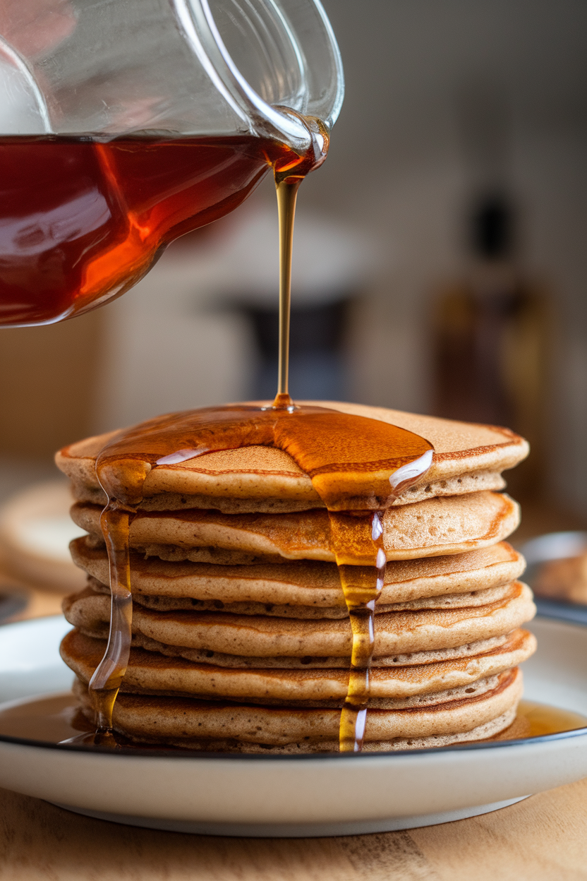 Indoor glass jug of amber maple syrup slowly pouring onto a stack of whole-grain pancakes, no text or logos. Photo.