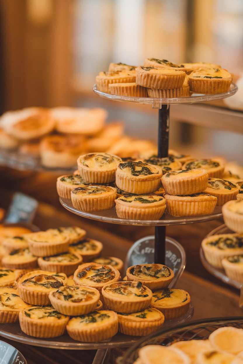 Photo of an indoor pastry stand filled with bite-size quiches—lorraine, spinach, and mushroom varieties visible; warm brunch-style lighting, no text or logos