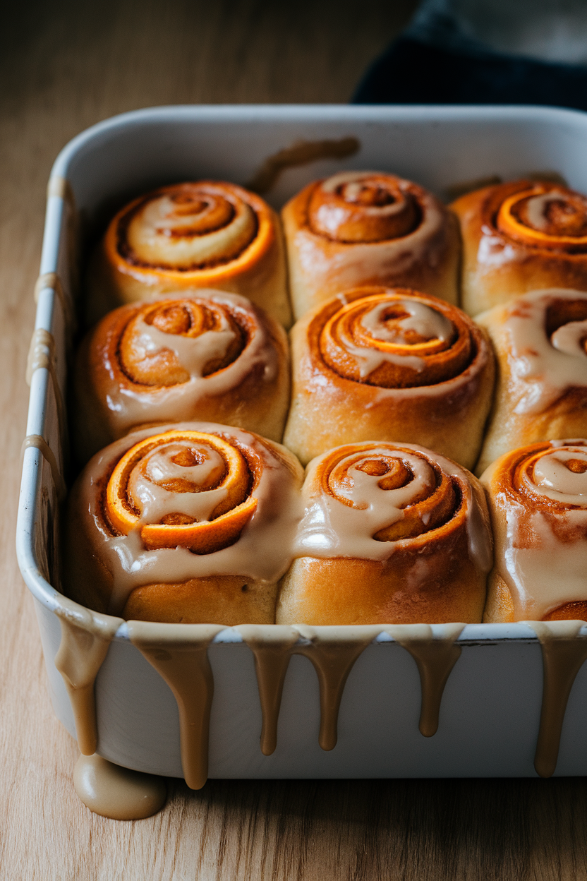 An indoor baking dish of sticky buns scented with orange zest and cardamom, glaze dripping down the sides. No text or logos. Photo, not illustration.