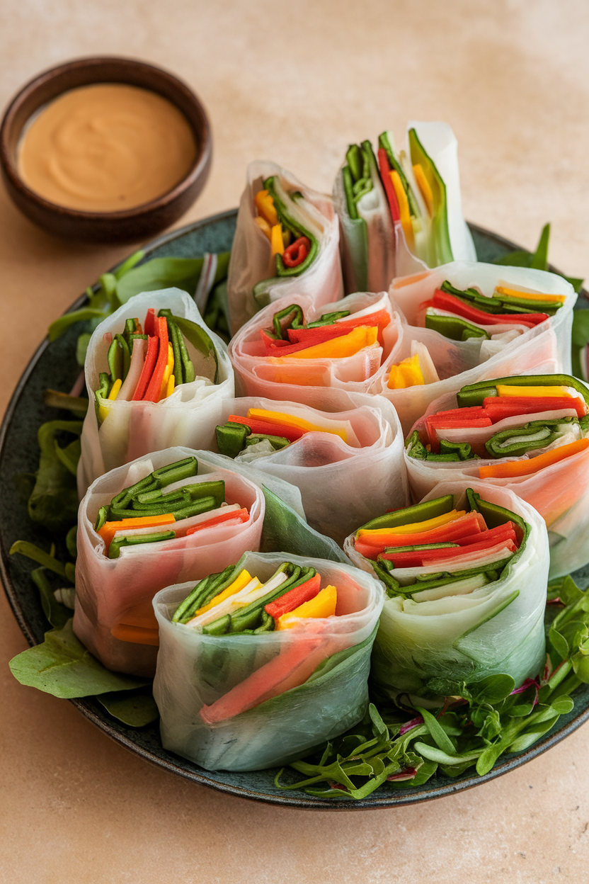 An indoor platter displaying translucent rice-paper rolls packed with colorful julienned vegetables, served beside a small bowl of peanut sauce—photo, no text or logos.