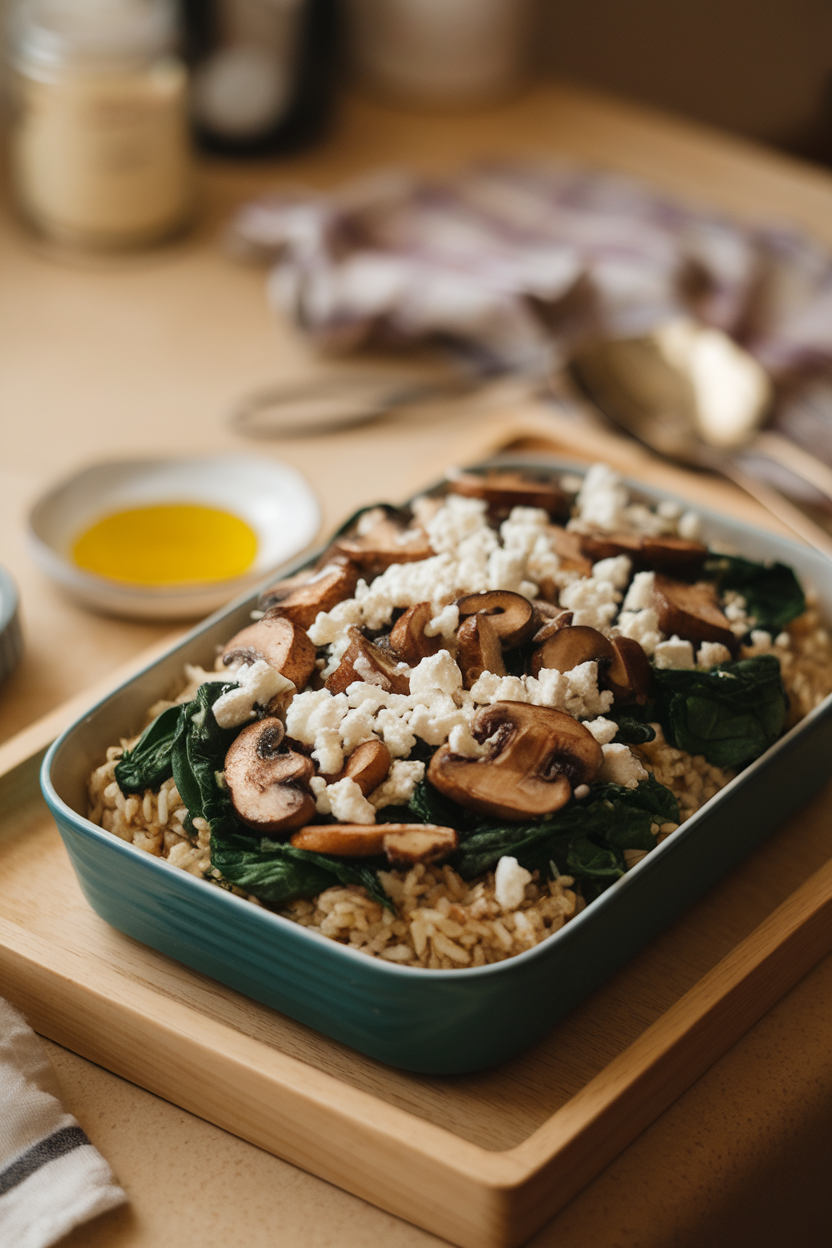 Warm indoor countertop with a baking dish of brown rice, sautéed mushrooms, spinach, and crumbled feta cheese, lightly browned. No text or logos.