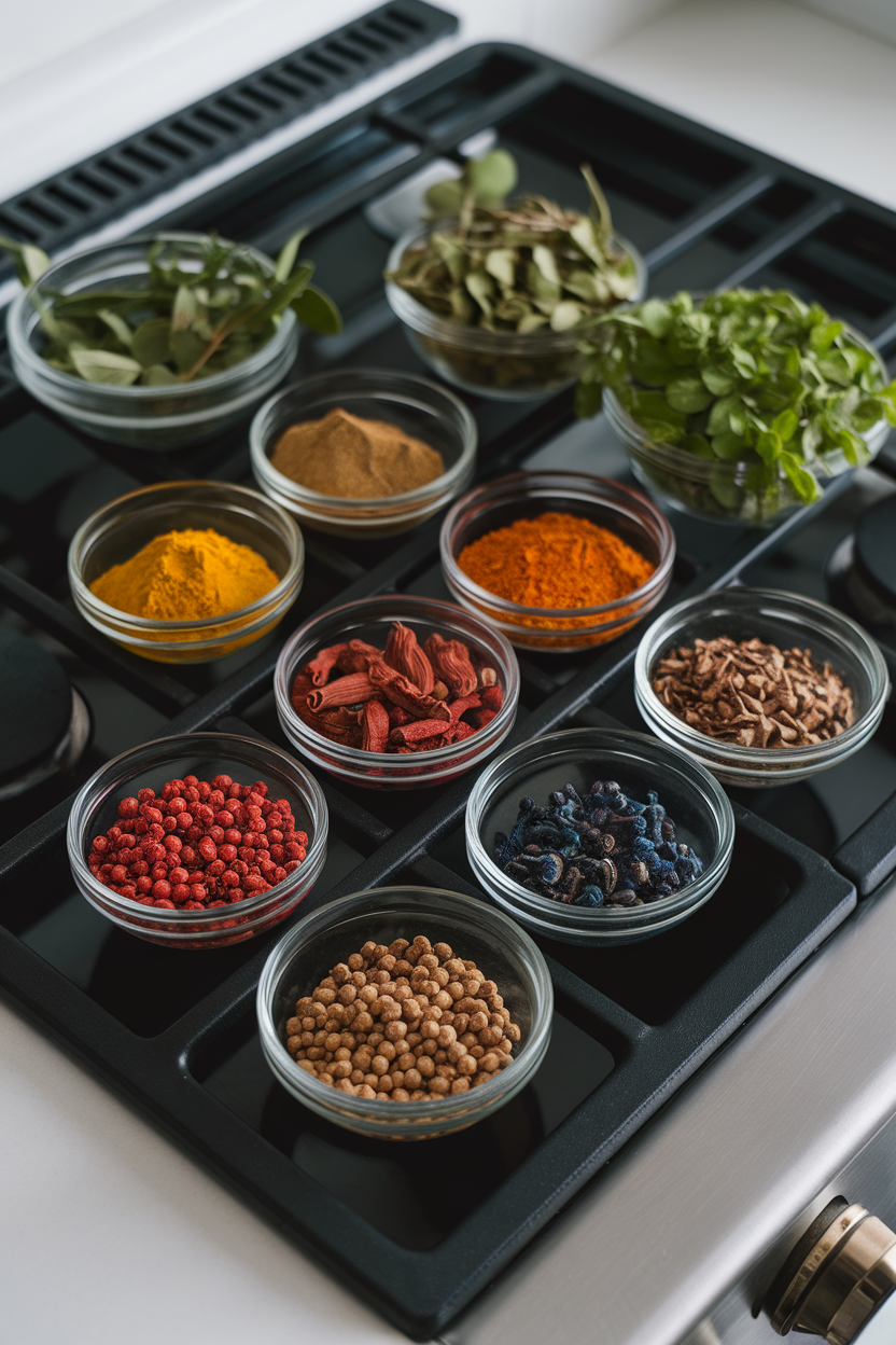 Photo prompt: An indoor stovetop with small glass bowls of colorful dried spices and fresh herbs ready for cooking, overhead lighting, no brand names present.