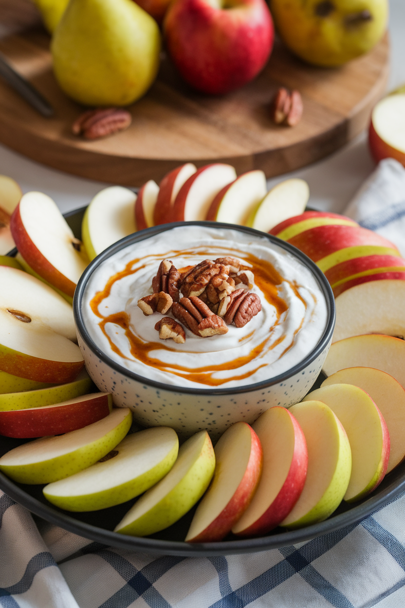 Bowl of creamy yogurt dip swirled with maple syrup and topped with chopped pecans, surrounded by apple and pear slices on an indoor platter. No logos or text.