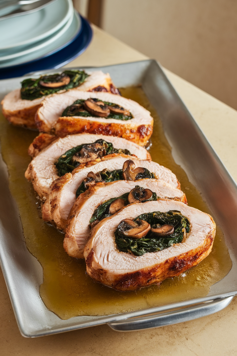 An indoor dining table featuring sliced chicken breasts stuffed with sautéed spinach and mushrooms, juices pooling on the serving platter. No text or logos. Photo.