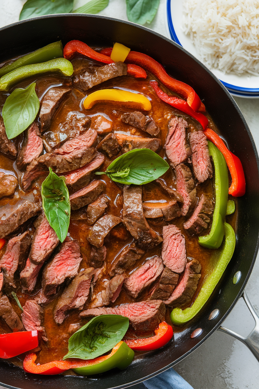 Photo of a skillet filled with sliced beef, bell peppers, and fresh basil leaves in a glossy sauce, plated indoors with jasmine rice nearby. No text or logos.</Prompt