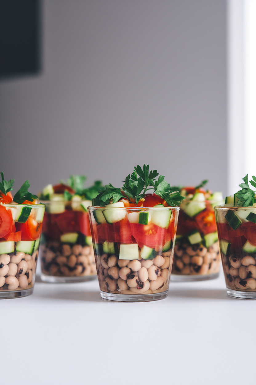 A photo of mini clear cups indoors, each layered with black-eyed peas, diced tomatoes, cucumbers, and parsley. Bright lighting; no text or logos.
