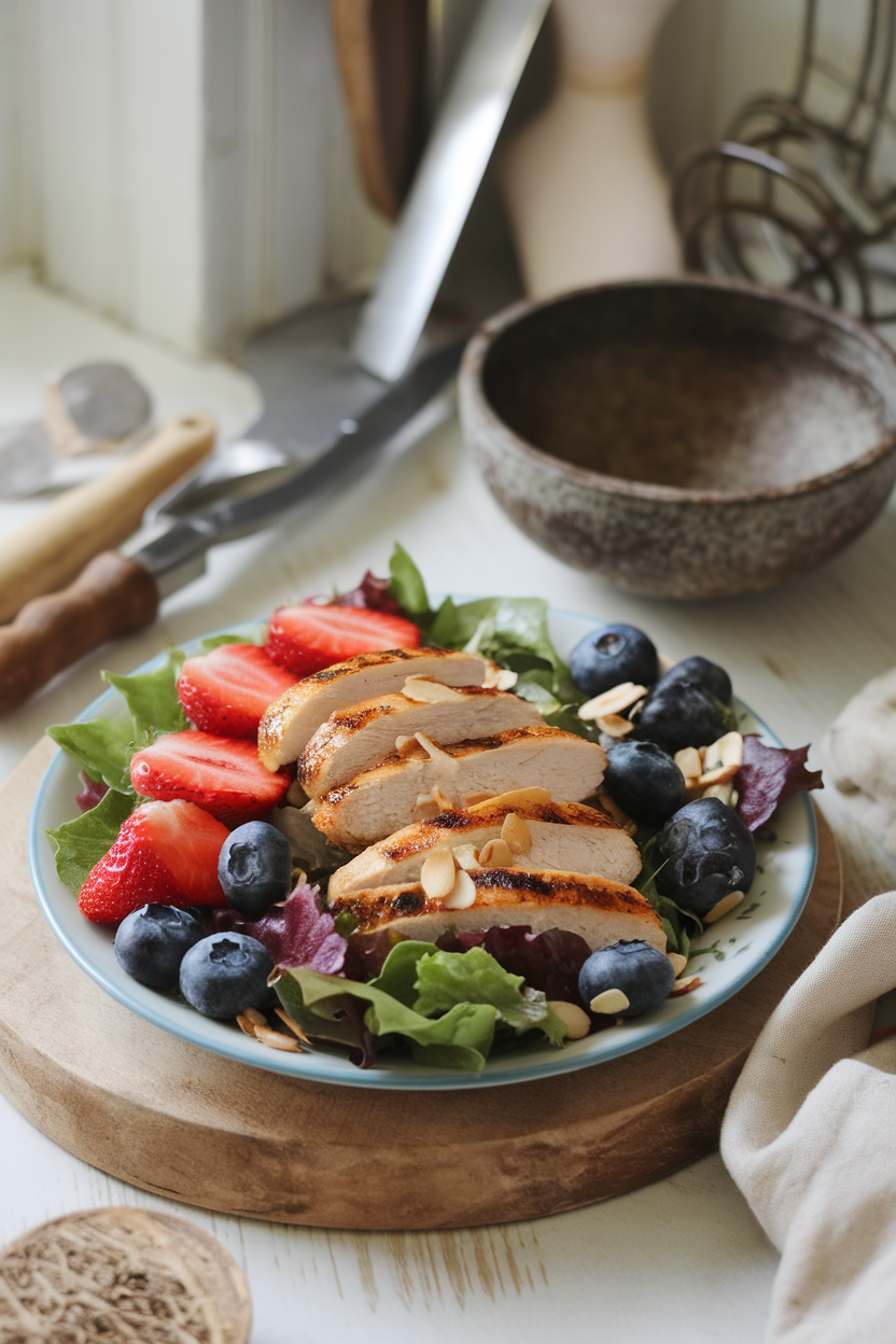Softly lit indoor scene with a plate of mixed greens, sliced strawberries, blueberries, grilled chicken strips, and toasted almond slivers — no logos, no text
