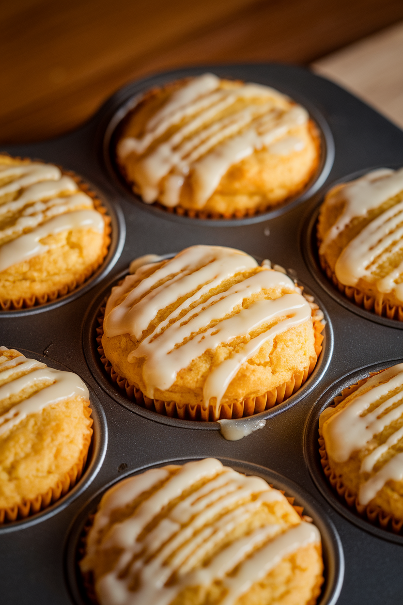 A muffin tin indoors holding golden cornbread muffins brushed with melting honey butter, close-up shot, no text or logos.