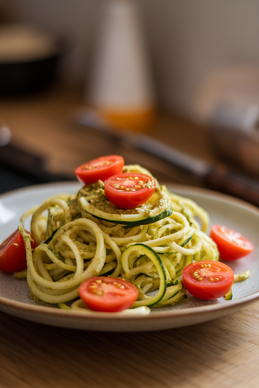 Photo of zucchini noodles tossed in pesto, dotted with halved cherry tomatoes, on an indoor dinner plate. No text or logos. Photo, not illustration.