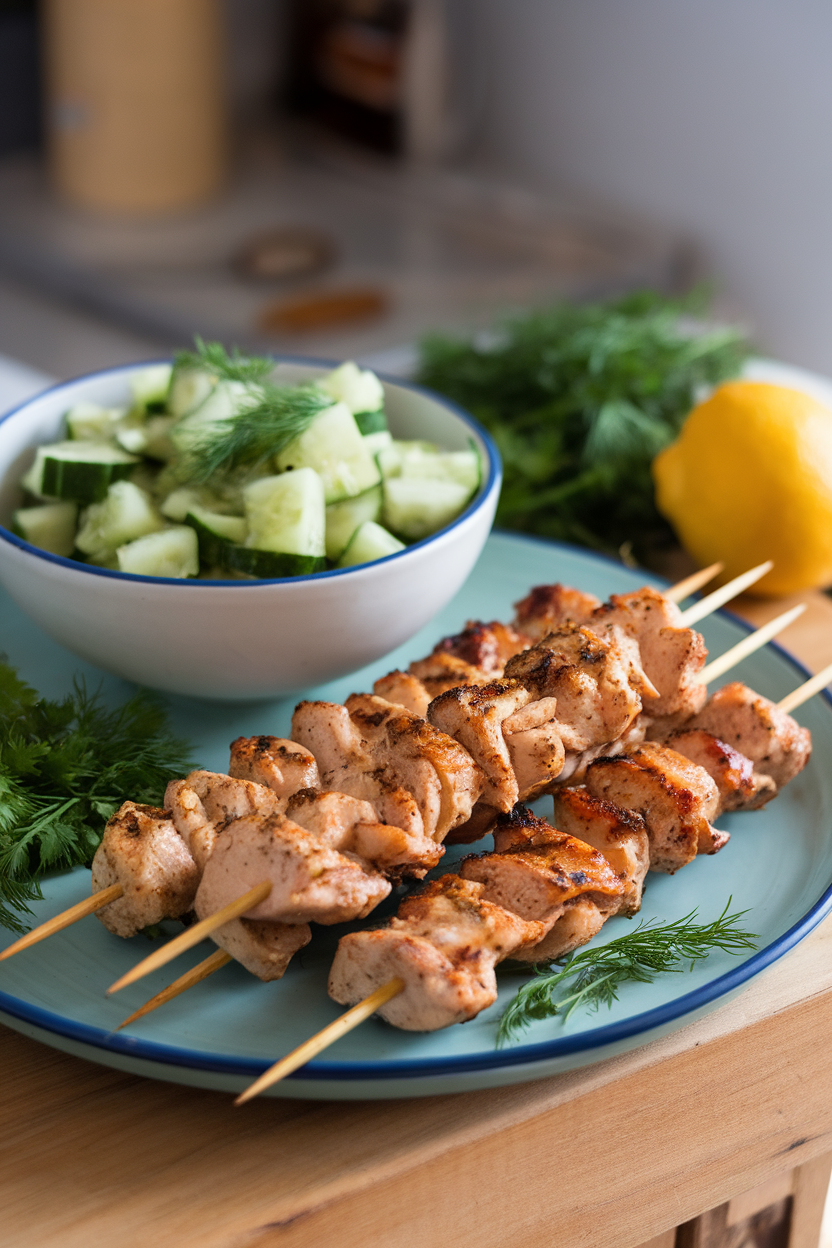 Indoor plate containing skewers of cooked yogurt-spiced chicken next to a cucumber dill salad. No text or logos visible.