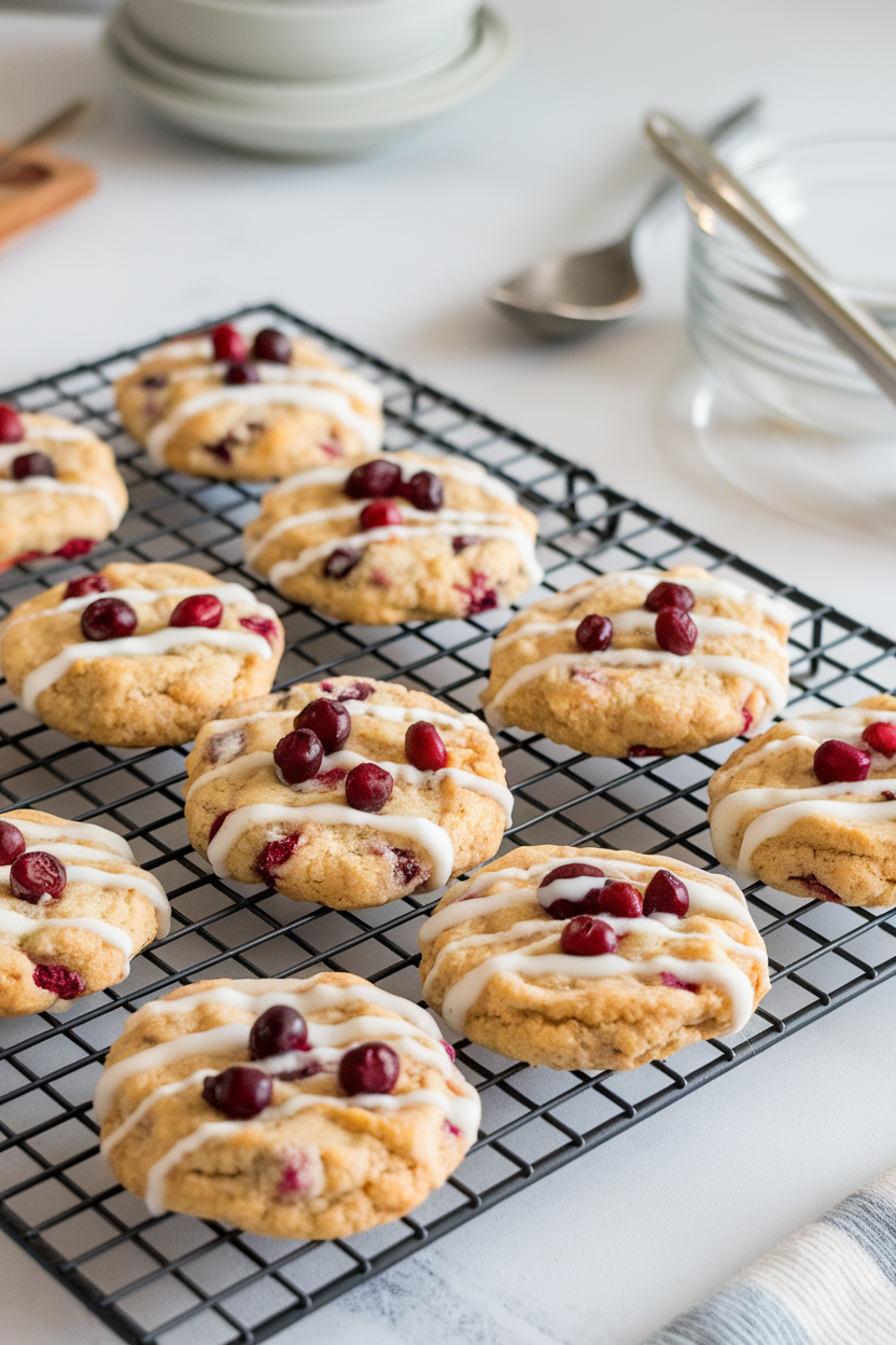 Photo prompt: Soft breakfast cookies with cranberries and yogurt glaze on a cooling rack indoors, no logos.