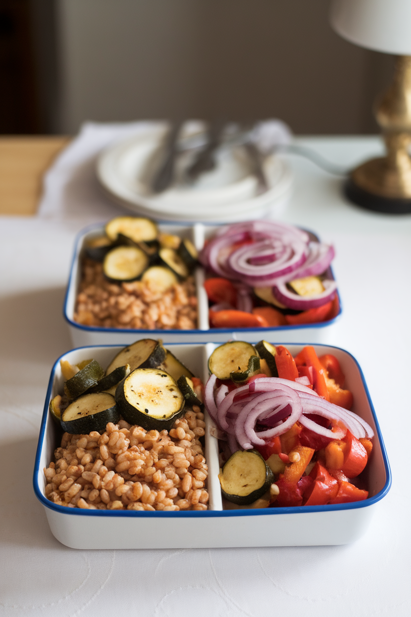 Indoor dining table featuring divided containers packed with cooked farro, roasted zucchini, bell peppers, and red onion, drizzled with herb vinaigrette. No text or logos present.
