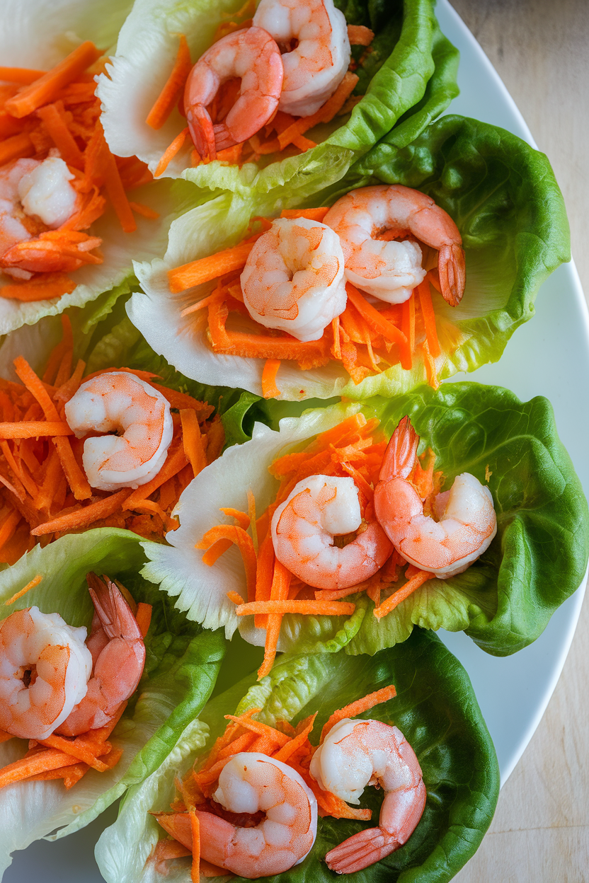 Photo of an indoor platter with butter lettuce leaves filled with cooked garlic-ginger shrimp and shredded carrots, no logos in view.