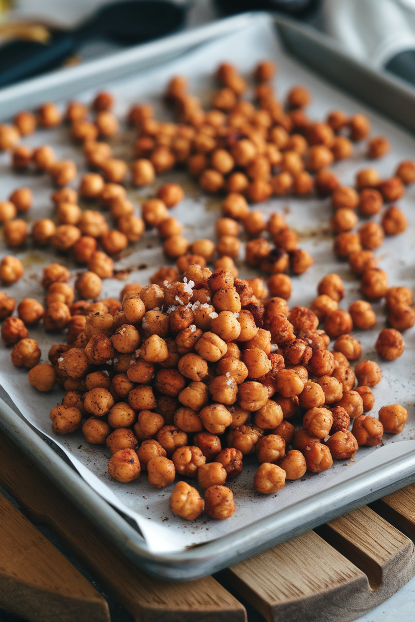 An indoor baking sheet covered with crispy roasted chickpeas seasoned with paprika and sea salt; cooling on a wooden trivet, no text or logos, photo not illustration.