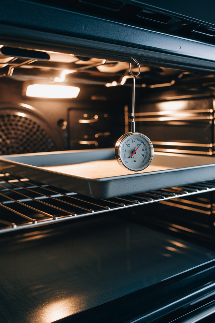 Indoor oven interior showing a small dial thermometer hanging from the rack beside a baking sheet, no text.