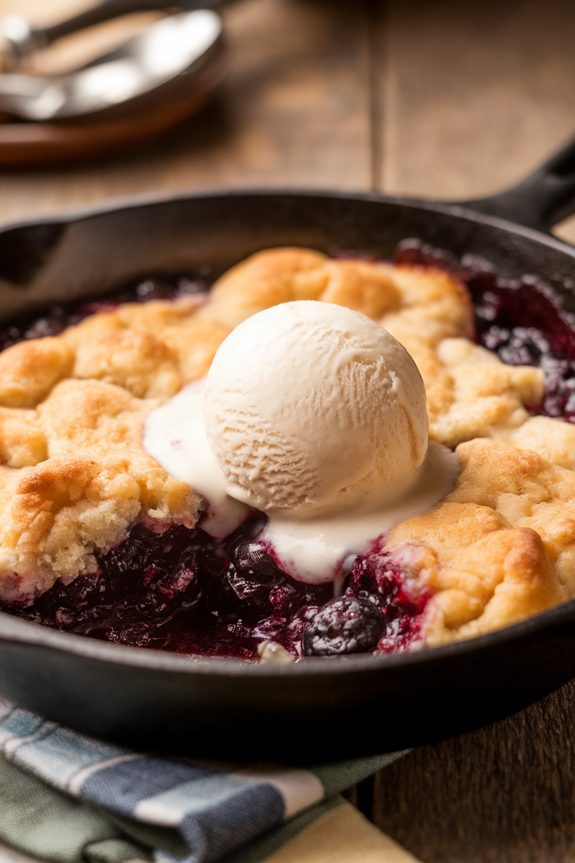 Indoor photo of bubbling blackberry cobbler in a cast-iron skillet, scoop of vanilla ice cream melting on top, no text or logos