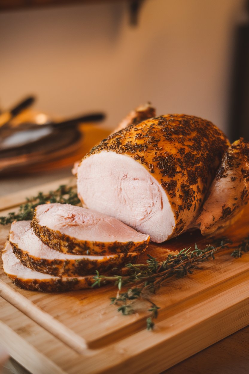 Indoor carving board with sliced herb-crusted turkey breast, sprigs of thyme scattered around. No text or logos. Photo.