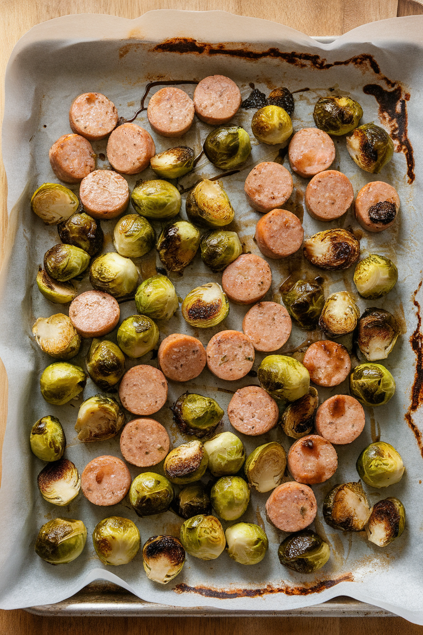 An indoor photo of a parchment-lined sheet pan filled with browned chicken sausage coins and caramelized Brussels sprouts coated in balsamic glaze. No text or logos.