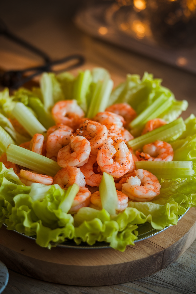 Indoor platter photo of crisp butter-lettuce leaves filled with buffalo-sauced cooked shrimp and sliced celery; warm lighting, no text or logos.